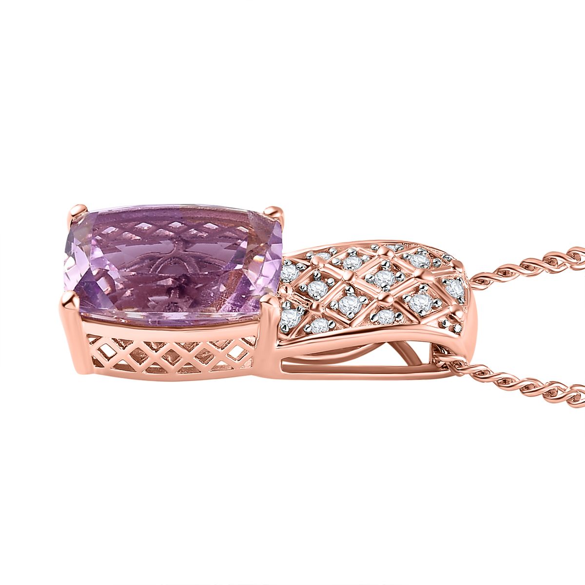 Rose De France Amethyst, weißer Zirkon Anhänger mit Kette, 925 Silber rosévergoldet, ca. 6.76 ct