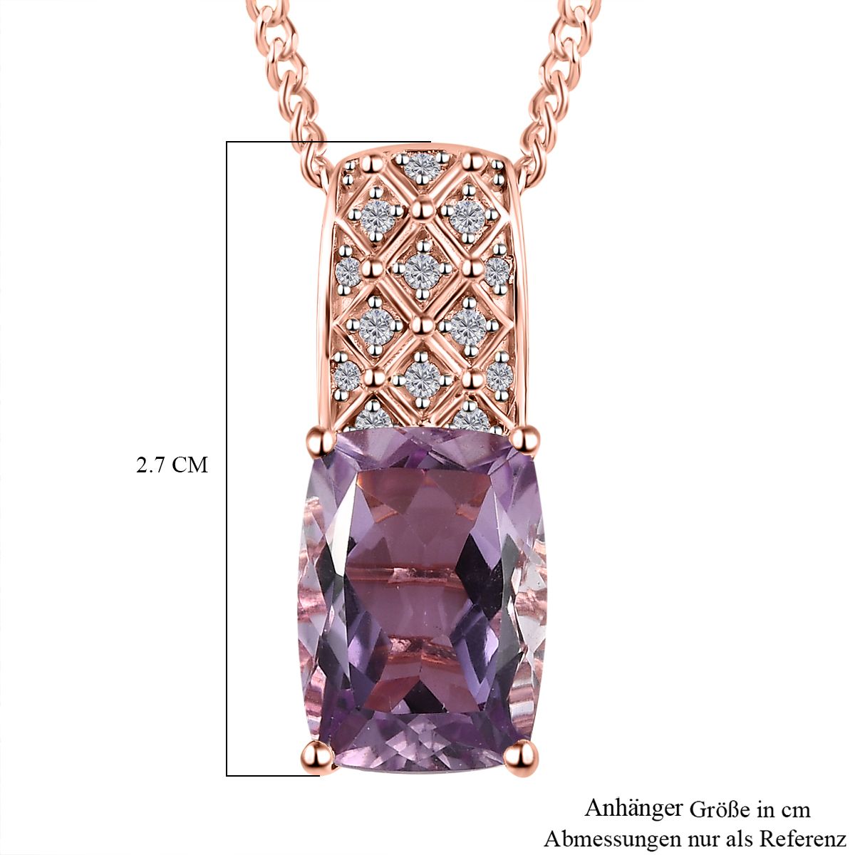 Rose De France Amethyst, weißer Zirkon Anhänger mit Kette, 925 Silber rosévergoldet, ca. 6.76 ct