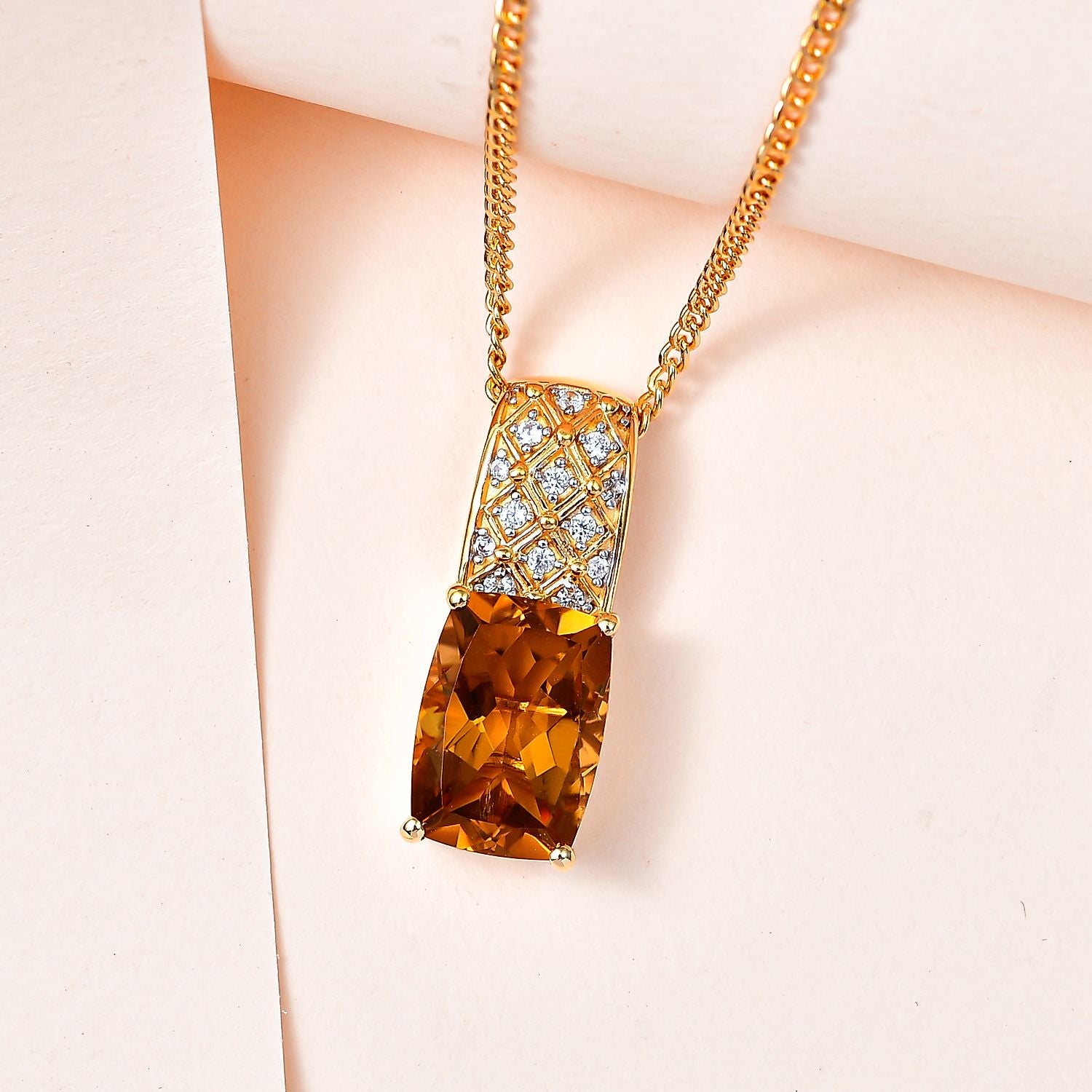 Citrin, weißer Zirkon Anhänger mit Kette, 925 Silber vergoldet ca. 6.76 ct