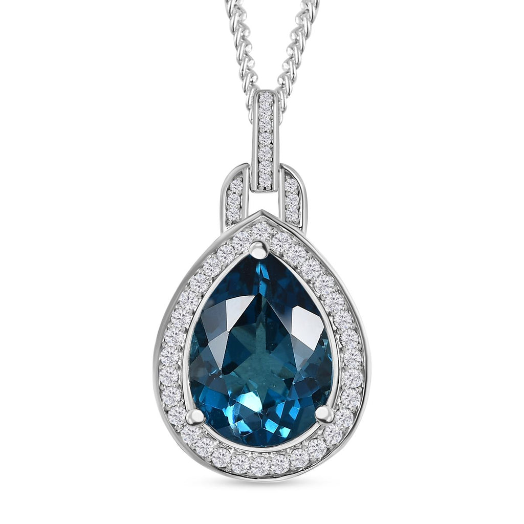 London Blau Topas, weißer Zirkon Anhänger mit Kette, 925 Silber platiniert ca. 12.91 ct