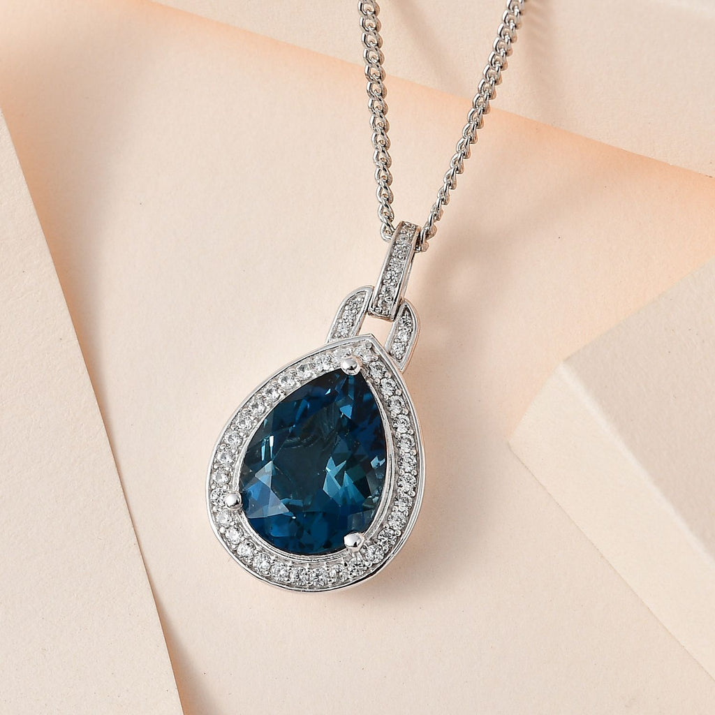 London Blau Topas, weißer Zirkon Anhänger mit Kette, 925 Silber platiniert ca. 12.91 ct