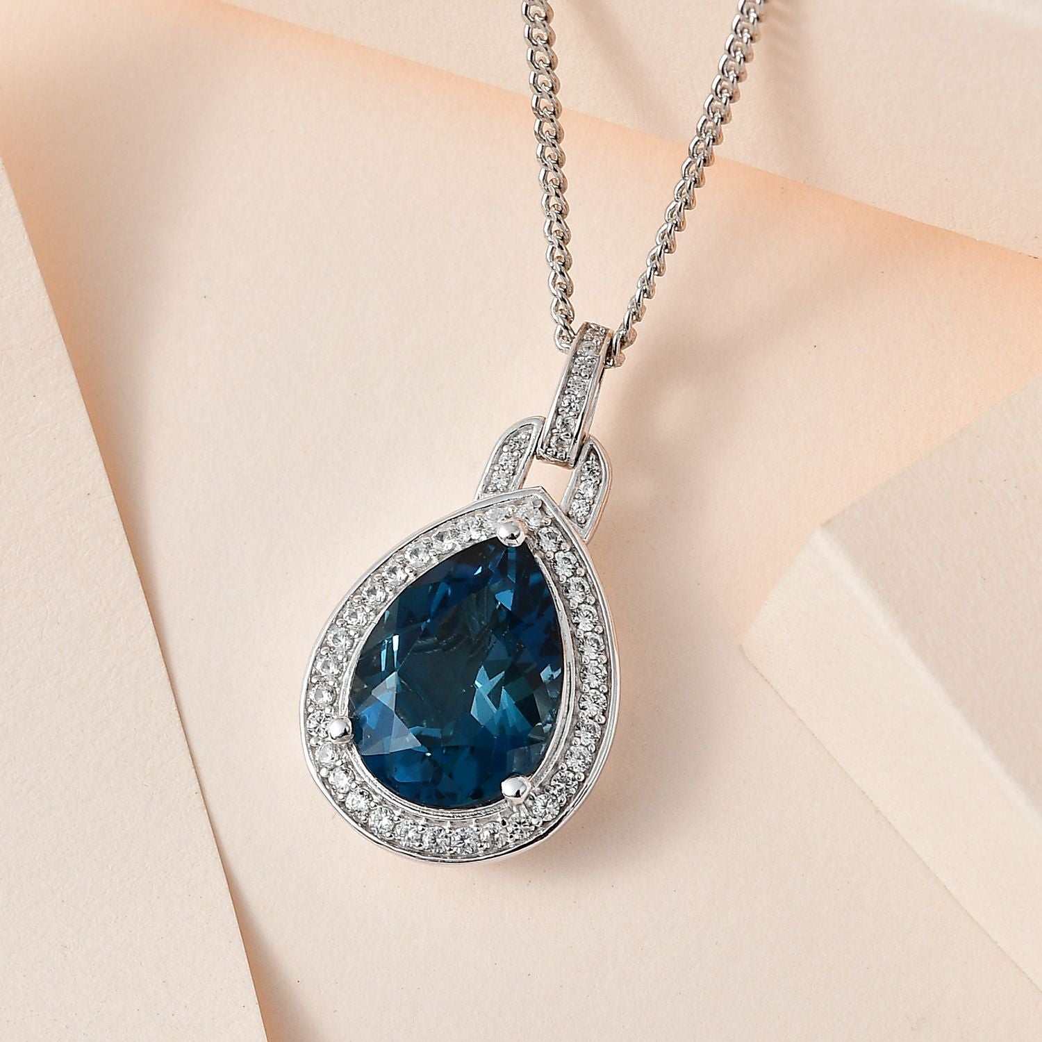 London Blau Topas, weißer Zirkon Anhänger mit Kette, 925 Silber platiniert ca. 12.91 ct