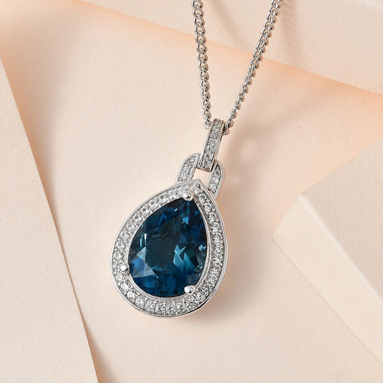 London Blau Topas, weißer Zirkon Anhänger mit Kette, 925 Silber platiniert ca. 12.91 ct