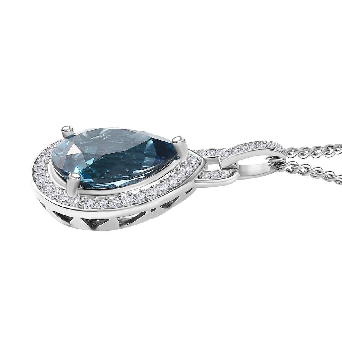 London Blau Topas, weißer Zirkon Anhänger mit Kette, 925 Silber platiniert ca. 12.91 ct