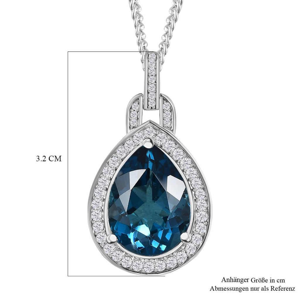 London Blau Topas, weißer Zirkon Anhänger mit Kette, 925 Silber platiniert ca. 12.91 ct