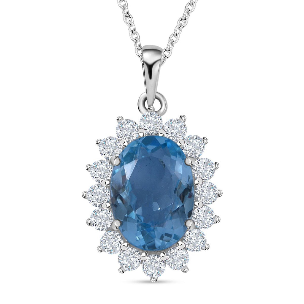 Himmelblauer Topas, weißer Zirkon Anhänger mit Kette, 925 Silber rhodiniert ca. 9.68 ct