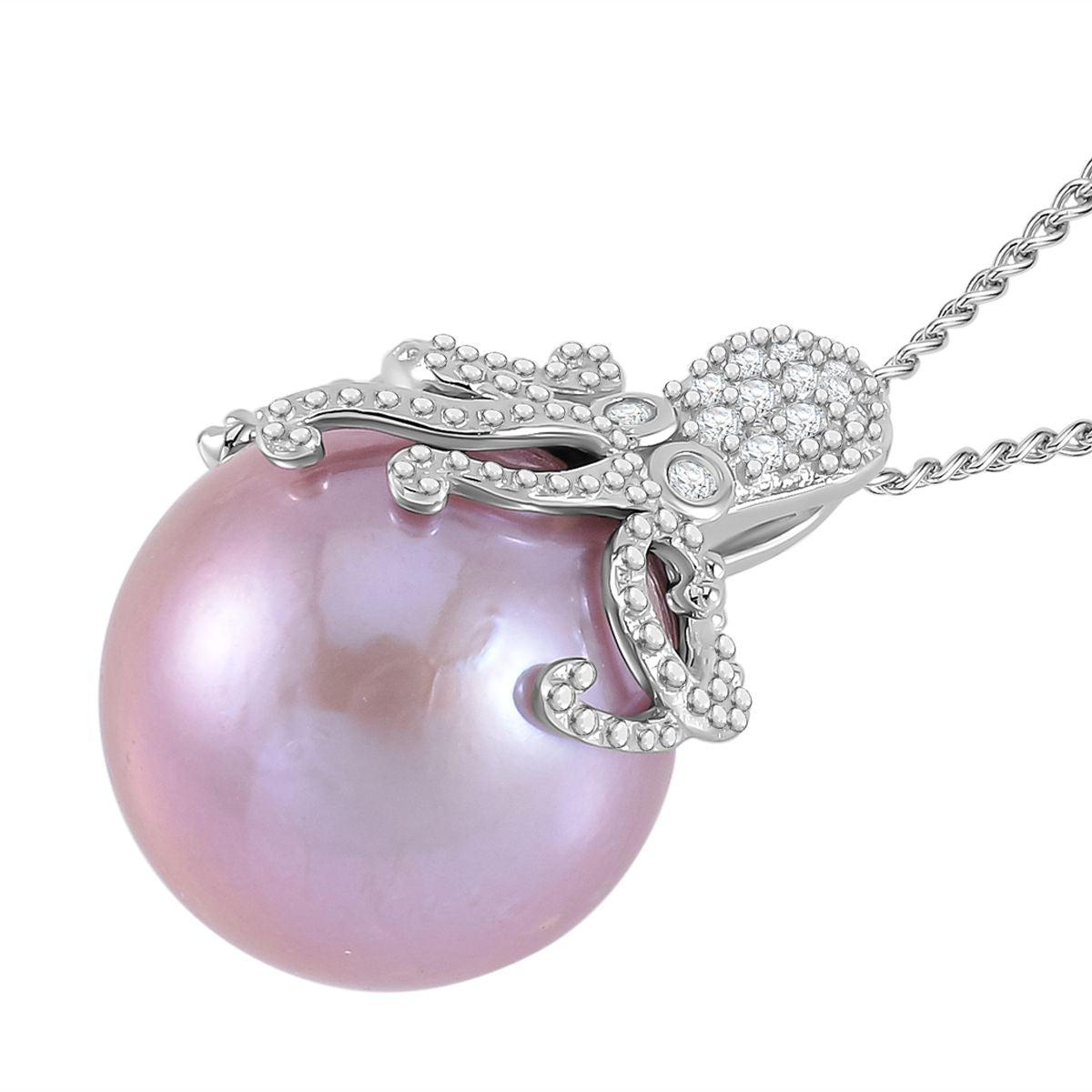 Lila Edison Perle (14-15 mm), Weißer Zirkon Schmuckset 925 Silber platiniert ca. 0,13 ct.