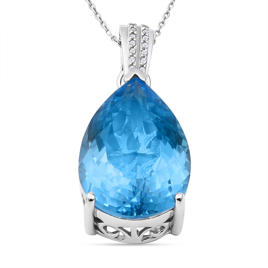 Himmelblauer Topas und weißer Zirkon-Anhänger mit Kette, 925 Silber platiniert ca. 34,14 ct