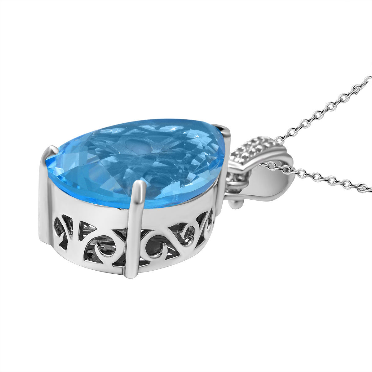 Himmelblauer Topas und weißer Zirkon-Anhänger mit Kette, 925 Silber platiniert ca. 34,14 ct