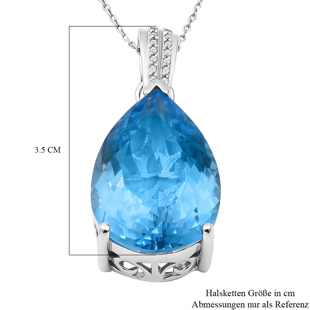 Himmelblauer Topas und weißer Zirkon-Anhänger mit Kette, 925 Silber platiniert ca. 34,14 ct