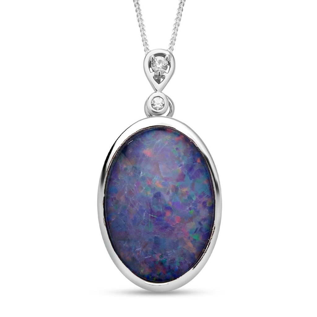 Boulder Opal Triplette und weißer Zirkon-Anhänger mit Kette, 925 Silber rhodiniert ca. 6.53 ct