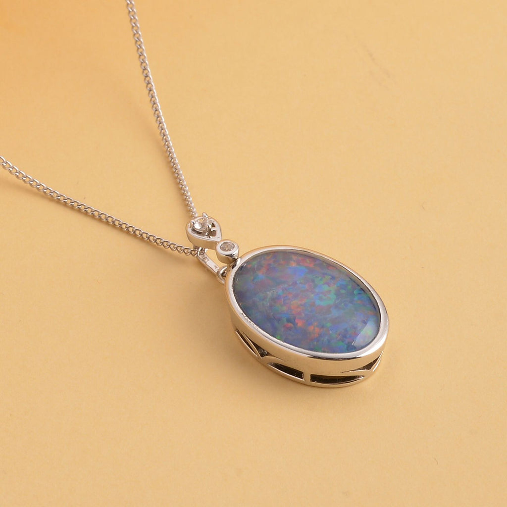 Boulder Opal Triplette und weißer Zirkon-Anhänger mit Kette, 925 Silber rhodiniert ca. 6.53 ct