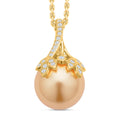 Goldene Muschelkernperle, weißer Zirkonia, Anhänger mit Kette, Messing, Edelstahl, ca., goldfarben 0.25 ct