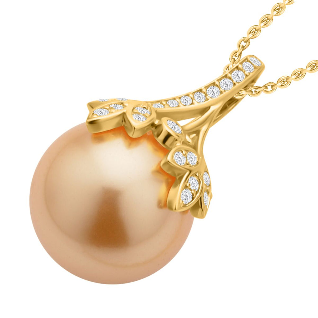 Goldene Muschelkernperle, weißer Zirkonia, Anhänger mit Kette, Messing, Edelstahl, ca., goldfarben 0.25 ct