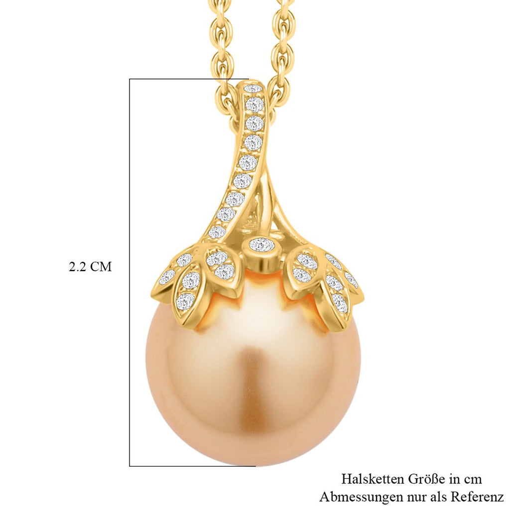 Goldene Muschelkernperle, weißer Zirkonia, Anhänger mit Kette, Messing, Edelstahl, ca., goldfarben 0.25 ct