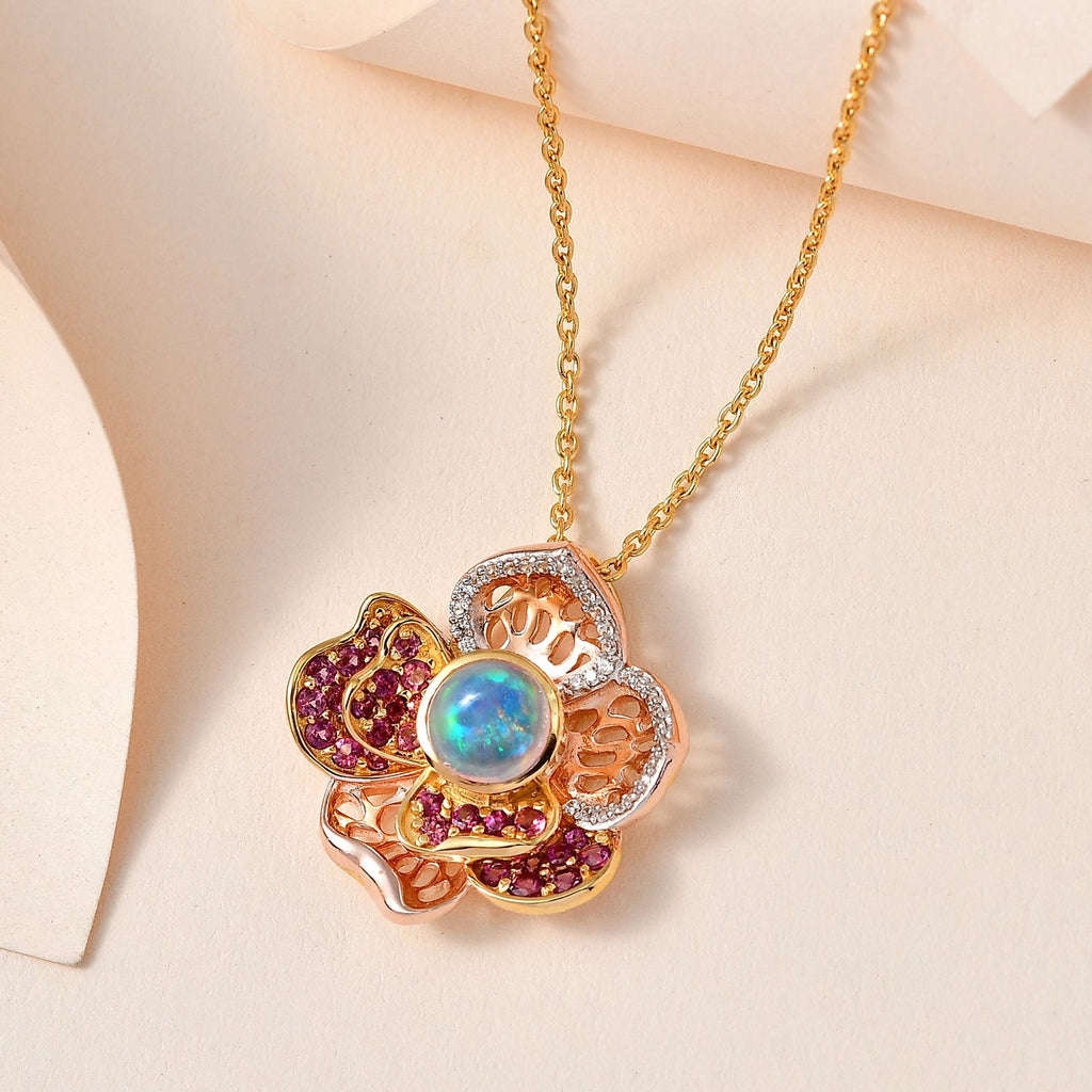AA Natürlicher, äthiopischer Welo Opal, Rhodolith Granat Schmuckset 925 Silber bicolor ca. 2.67 ct