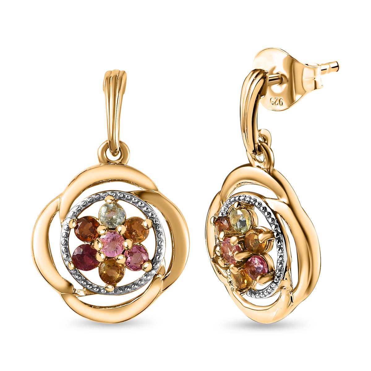 2er Set - Mehrfarbiger-Turmalin Anhänger und Ohrringe, 925 Silber Gelbgold Vermeil, ca. 1.50 ct