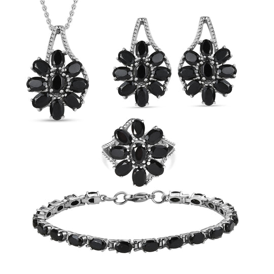 Schwarzer Spinell Schmuckset  Edelstahl ca. 34.73 ct