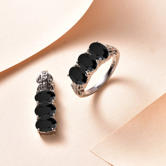Schwarzer Spinell Schmuckset  Edelstahl ca. 5.84 ct