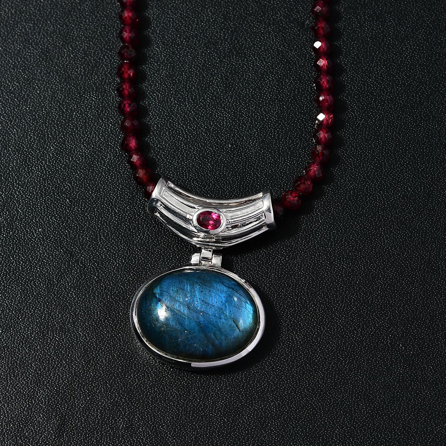 AAA Labradorit, Rhodolith Granat Schmuckset 925 Silber platiniert ca. 89,00 ct.