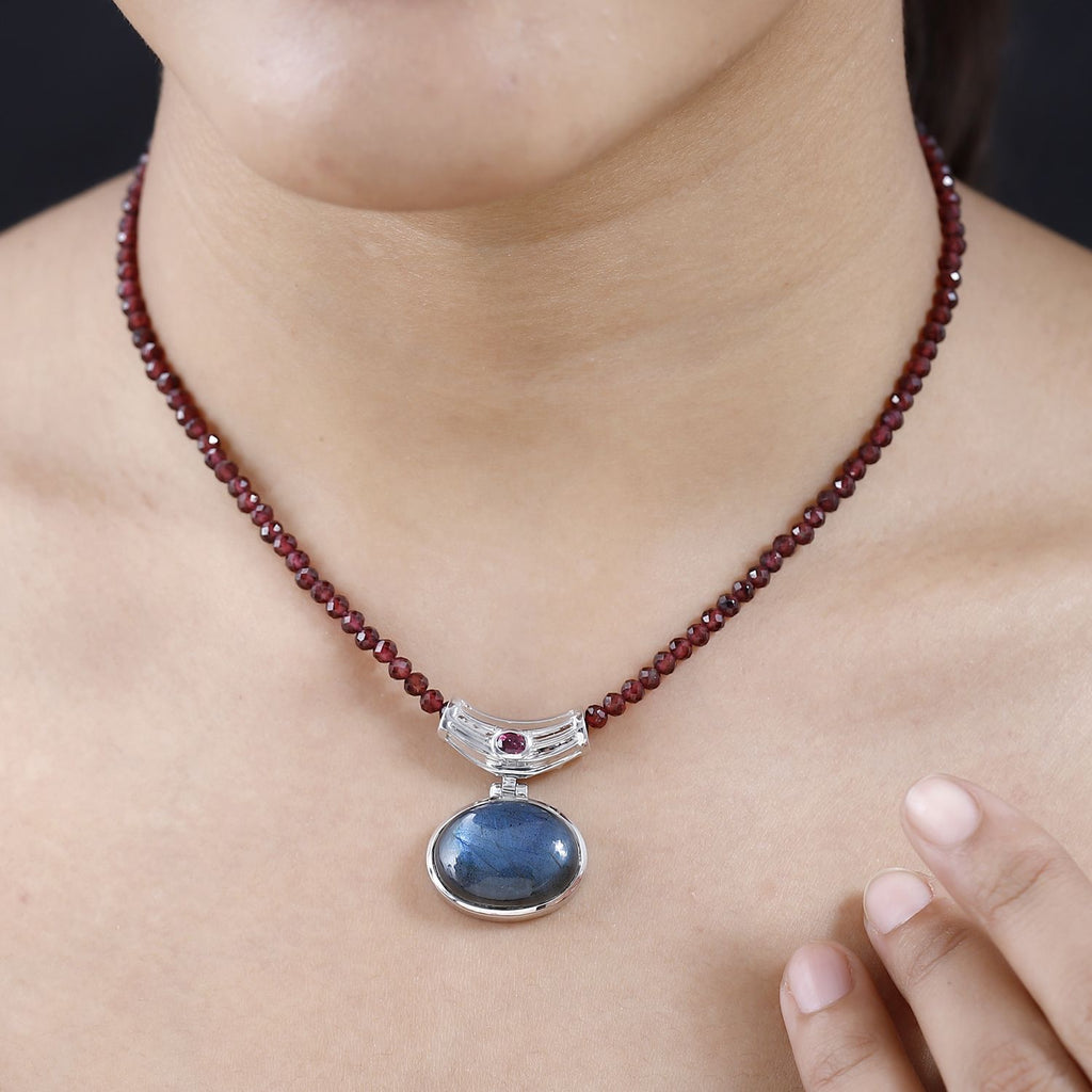 AAA Labradorit, Rhodolith Granat Schmuckset 925 Silber platiniert ca. 89,00 ct.