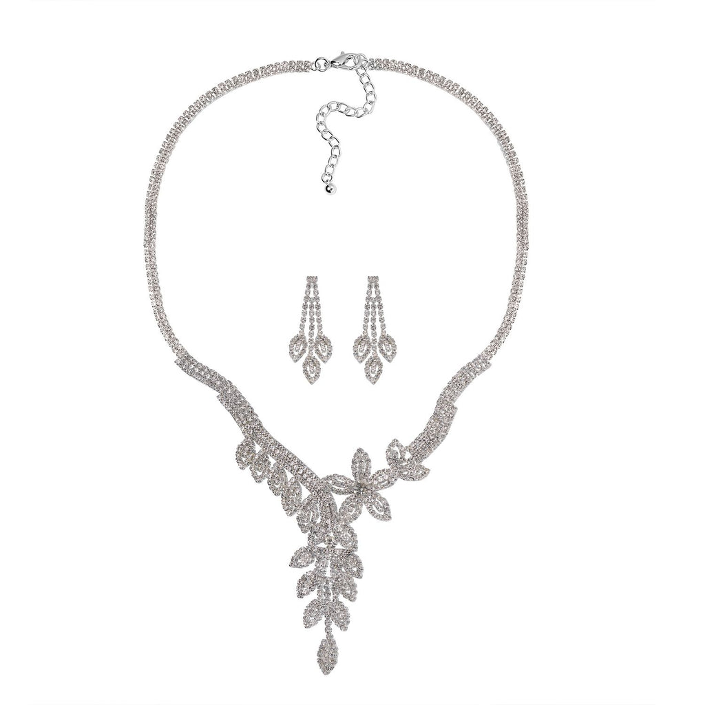 2er Set - Weißer Kristall Halskette und Ohrringe Schmuckset, Messing