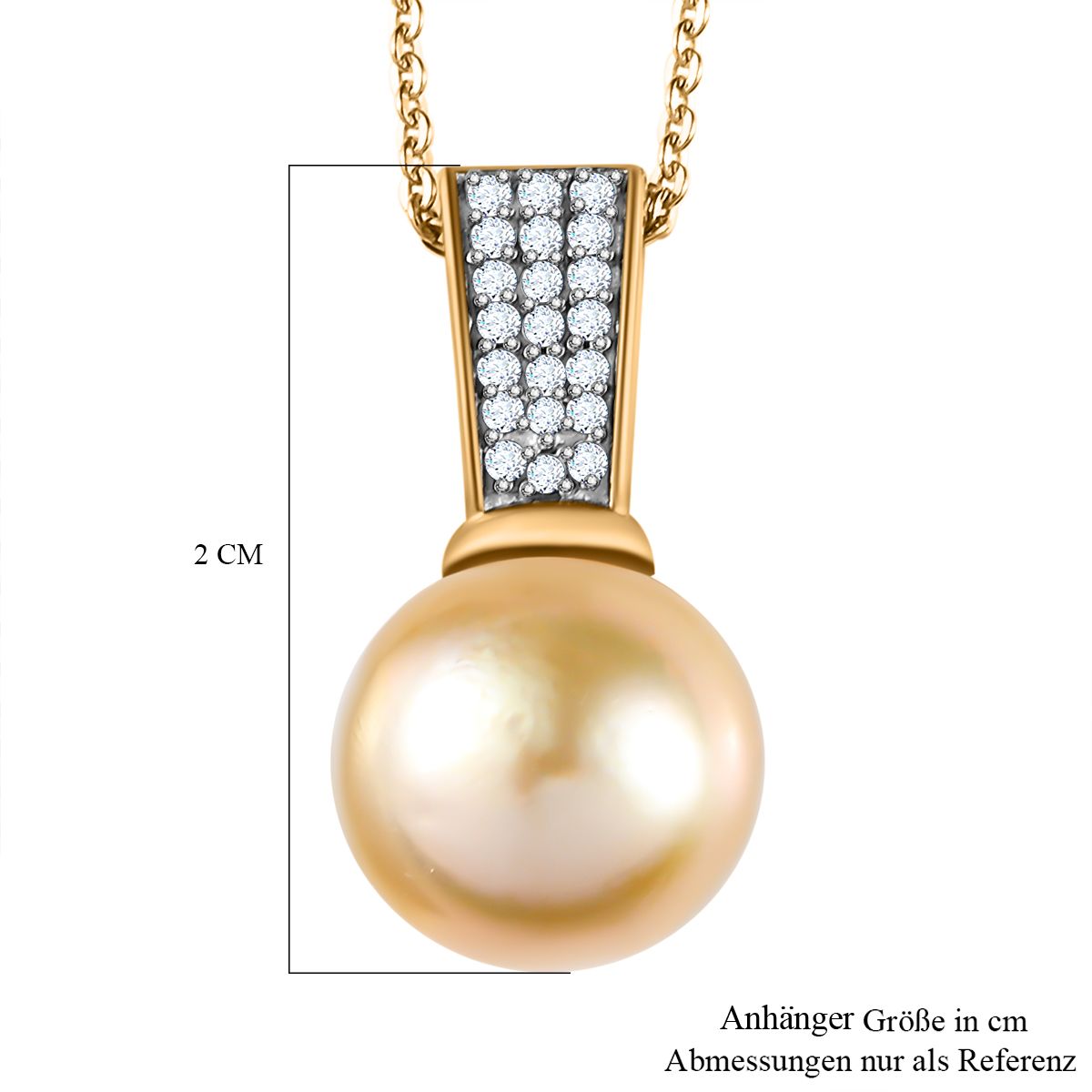 Goldene Südsee Perle, Weißer Zirkon Schmuckset 925 Silber Gelbgold Vermeil ca. 0.42 ct