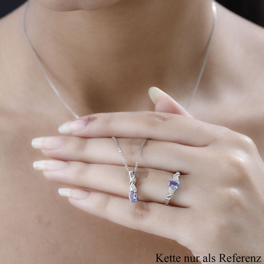 2er Set - Tansanit Ring und Anhänger Schmuckset, 925 Silber platiniert ca. 1.10 ct