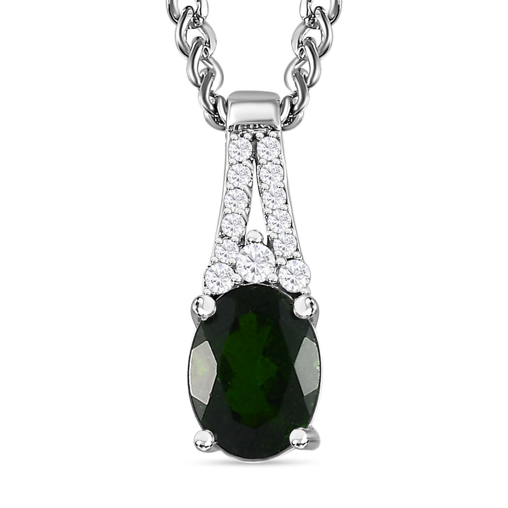 Natürlicher Chromdiopsid, Weißer Zirkon Anhänger mit Kette, 925 Silber platiniert, ca. 1.50 ct