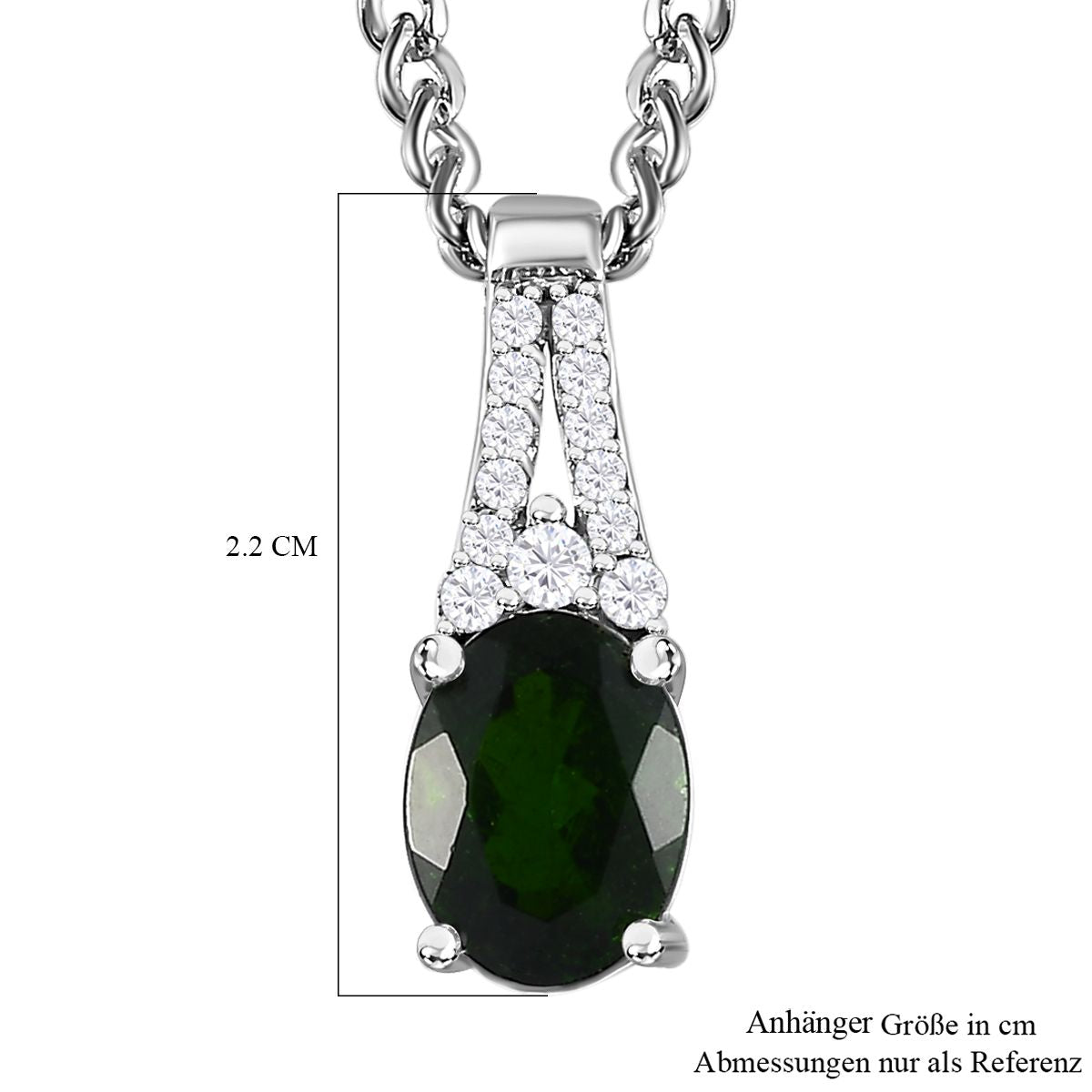 Natürlicher Chromdiopsid, Weißer Zirkon Anhänger mit Kette, 925 Silber platiniert, ca. 1.50 ct