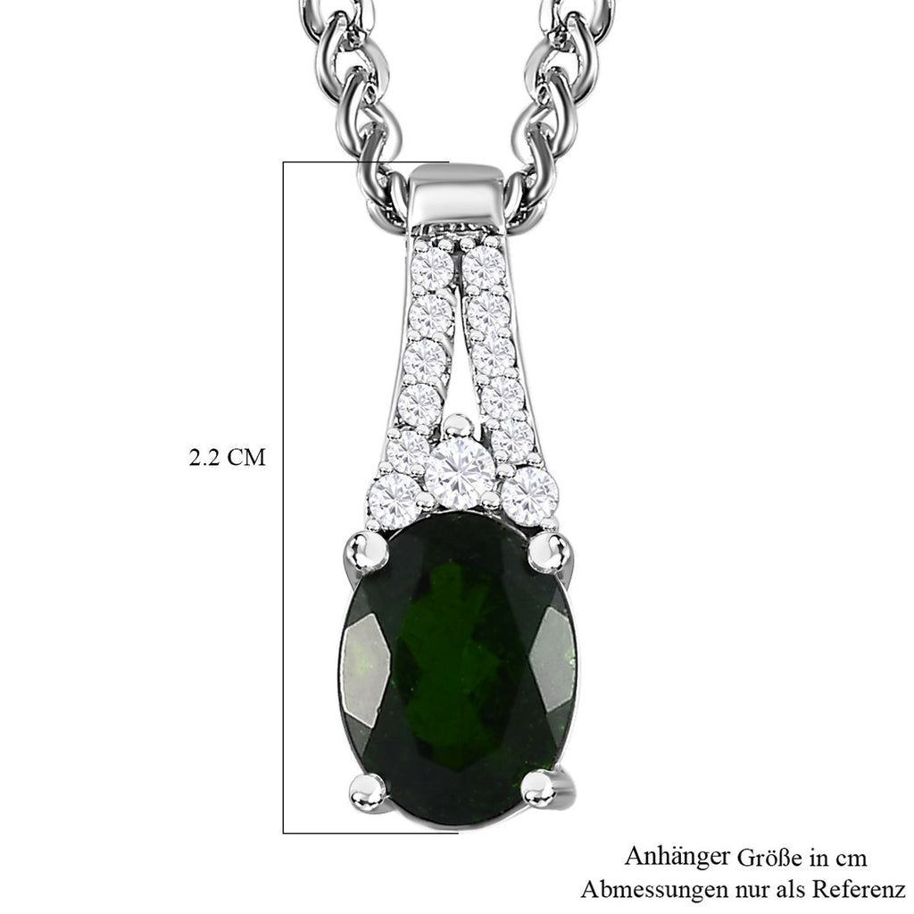 Natürlicher Chromdiopsid, Weißer Zirkon Anhänger mit Kette, 925 Silber platiniert, ca. 1.50 ct