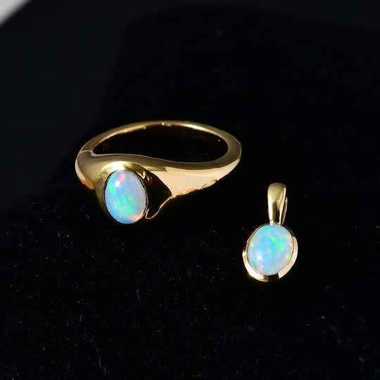 AA Natürlicher, äthiopischer Welo Opal Schmuckset 925 Silber Gelbgold Vermeil (Größe 19.00) ca. 1.04 ct