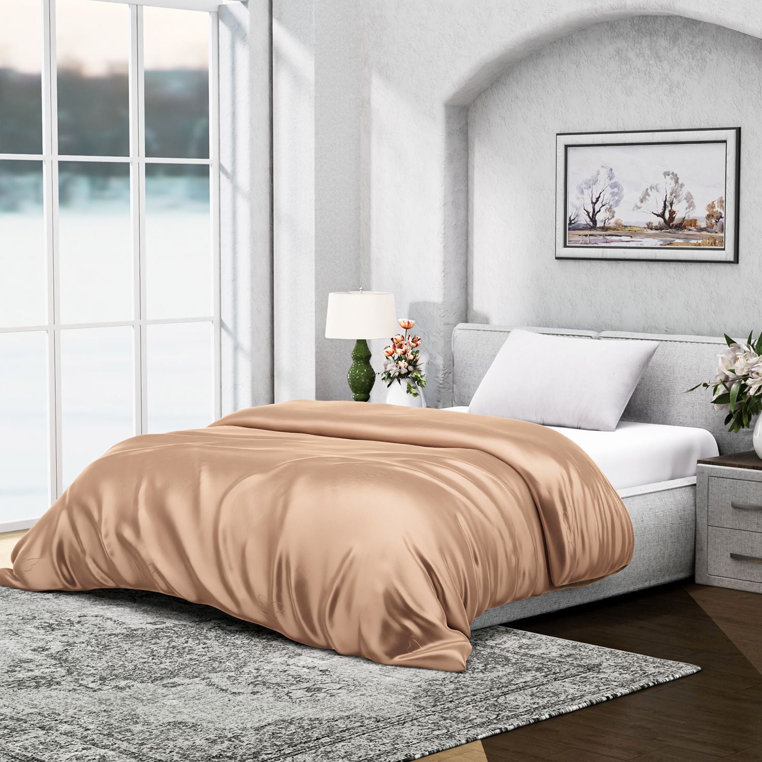 Serenity Night - 100% Maulbeerseide Sommerseidendecke mit Seidenfüllung Daunenkissen und Seidenkissenbezug Beige