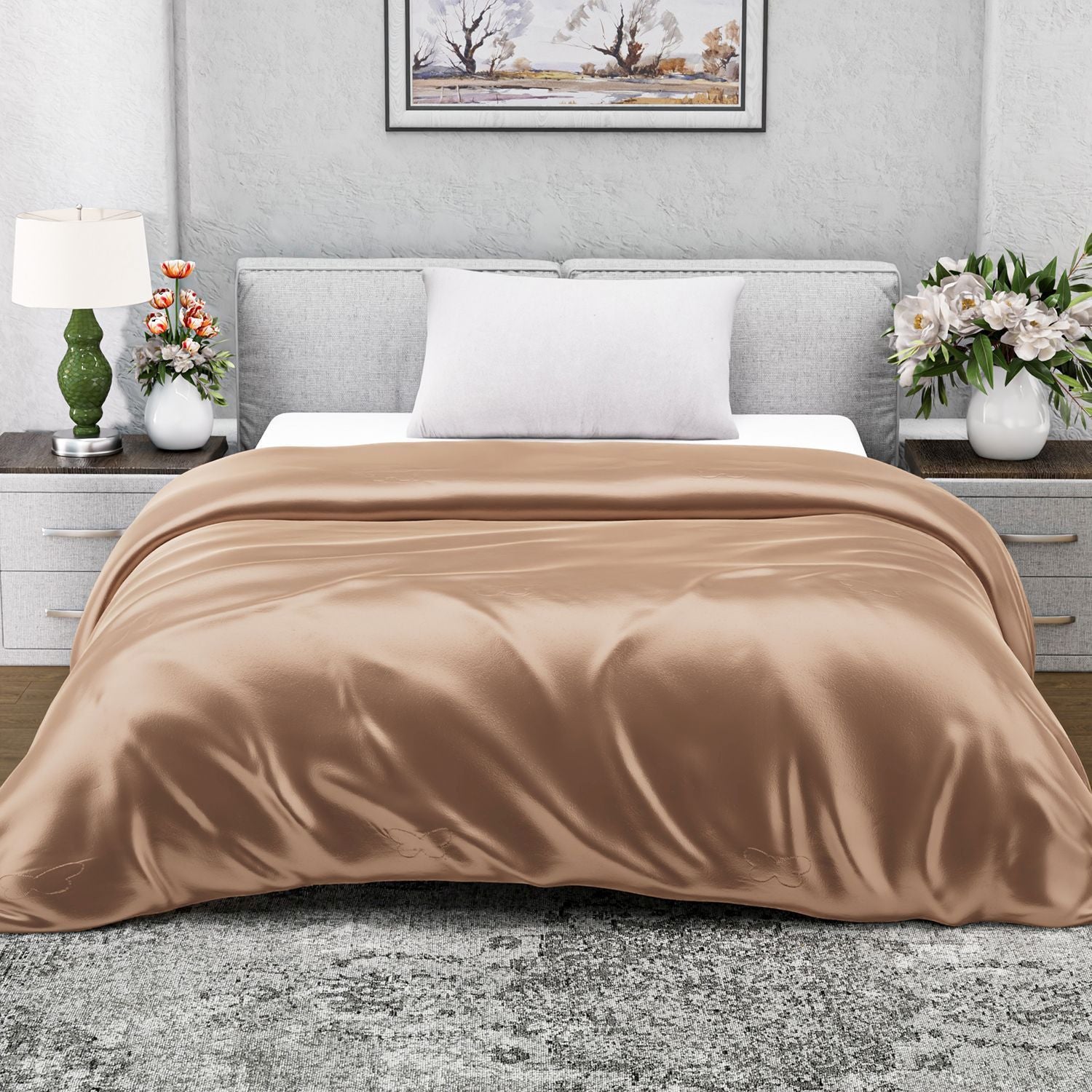 Serenity Night - 100% Maulbeerseide Sommerseidendecke mit Seidenfüllung Daunenkissen und Seidenkissenbezug Beige