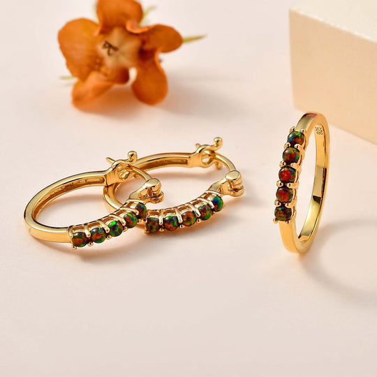 Labor erstellt schwarzen Opal Schmuckset 925 Silber vergoldet ca. 0,60 ct.