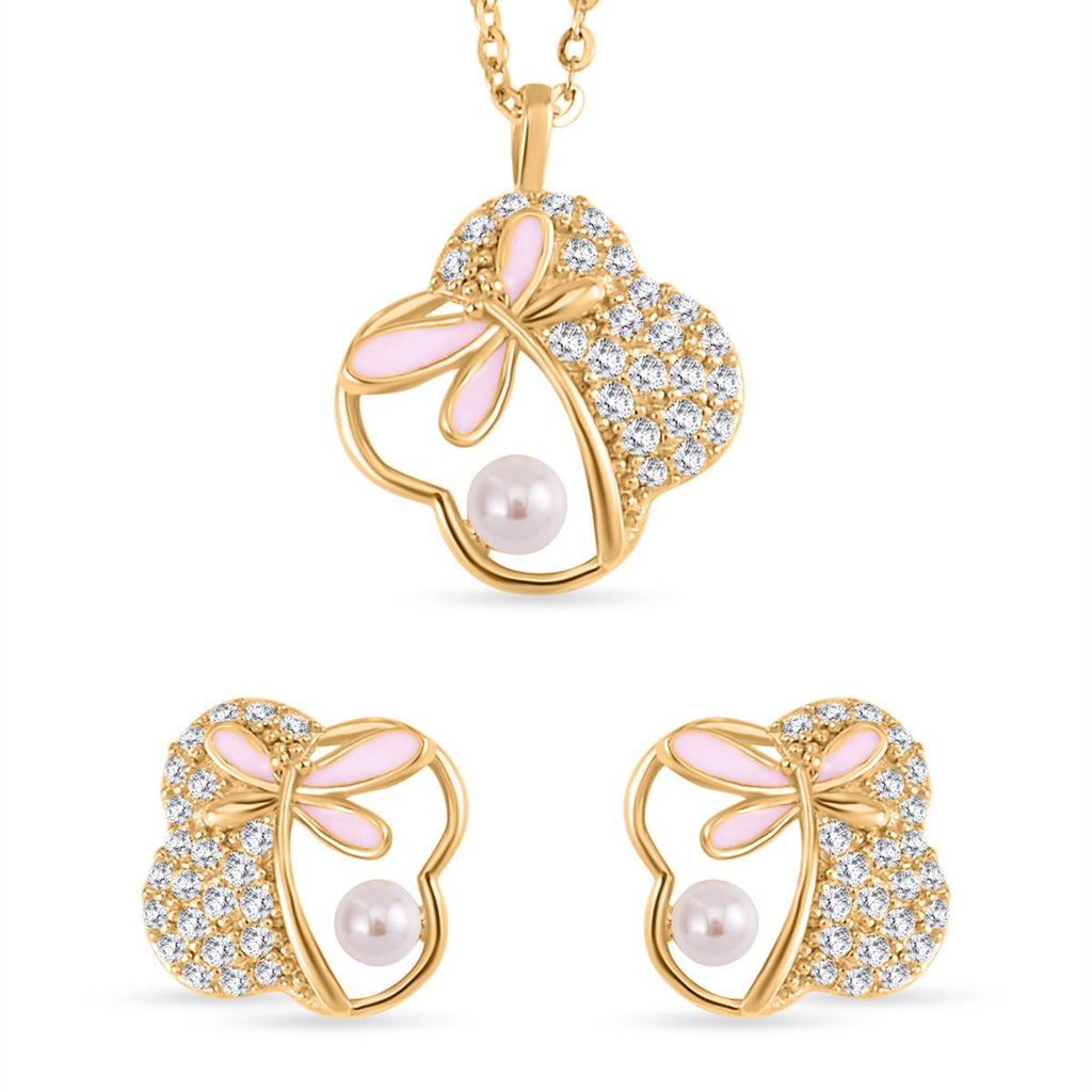 2er Set - Weiße Muschelkernperle Schmetterlings- und Blumen-Anhänger und Ohrringe, 925 Silber Bicolor