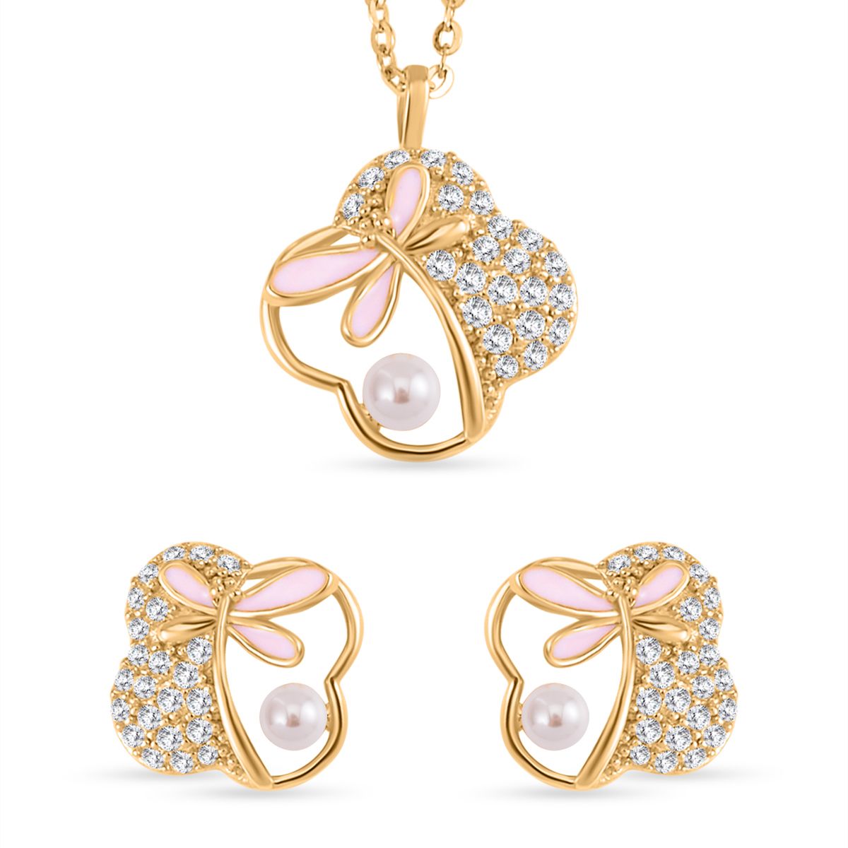 2er Set - Weiße Muschelkernperle Schmetterlings- und Blumen-Anhänger und Ohrringe, 925 Silber Bicolor