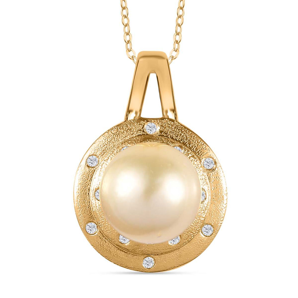 AA Goldene Südsee Perle, Weißer Zirkon Schmuckset 925 Silber 750 Gelb Vermeil