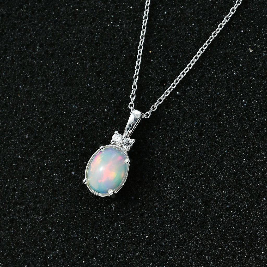 AA Natürlicher, äthiopischer Welo Opal, Weißer Zirkon Schmuckset 925 Silber platiniert ca. 1,21 ct.