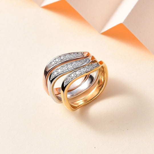 Moissanit Stapel-Ring, tricolor, 925 Silber Gelbgold Vermeil, 925 Silber rhodiniert, 925 Silber Roségold Vermeil ca. 0.20 ct