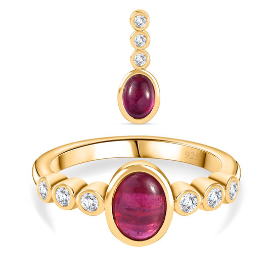2er Set-Afrikanischer Rubin (Fissure gefüllt) Ring und Anhänger, 925 Silber vergoldet ca. 2,53 ct.