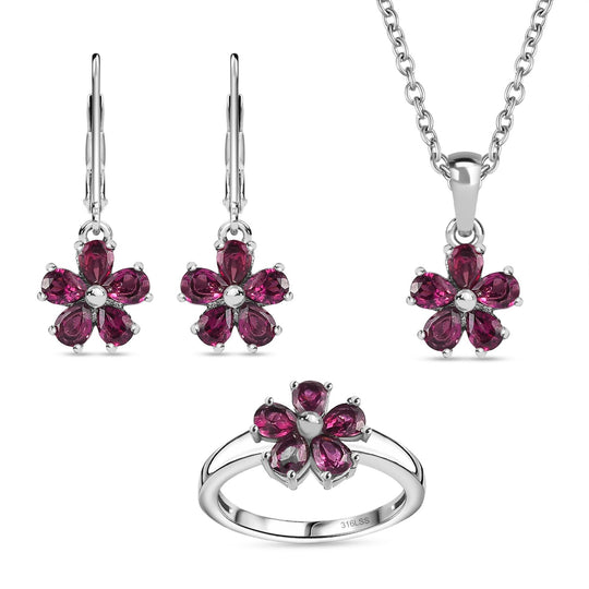 Rhodolith Granat Schmuckset  Edelstahl ca. 3,31 ct.
