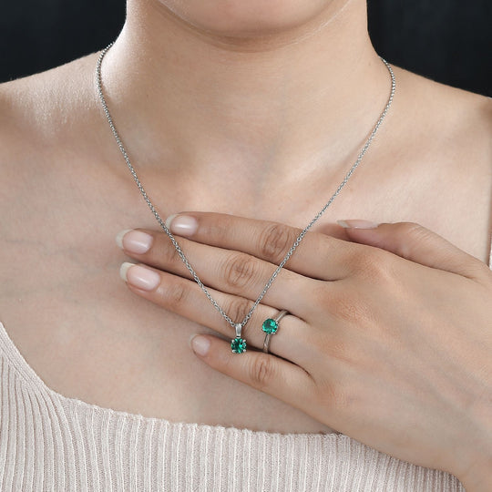 2er Set - Chromdiopsid Zirkonia Anhänger mit Kette und Ring, Größe (20.00), Edelstahl
