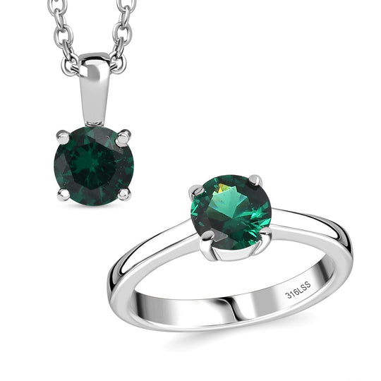 2er Set - Chromdiopsid Zirkonia Anhänger mit Kette und Ring, Größe (20.00), Edelstahl