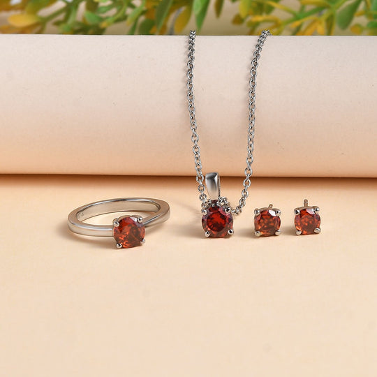3er Set - Rubin Zirkonia Anhänger mit Kette, Ring und Ohrringe (Größe 19.00), Edelstahl