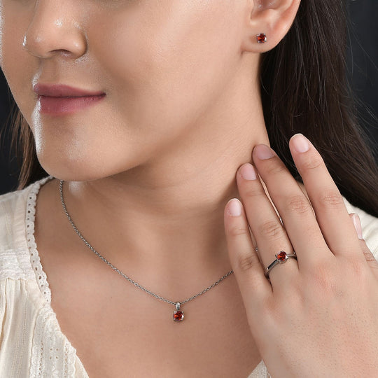 3er Set - Rubin Zirkonia Anhänger mit Kette, Ring und Ohrringe (Größe 19.00), Edelstahl