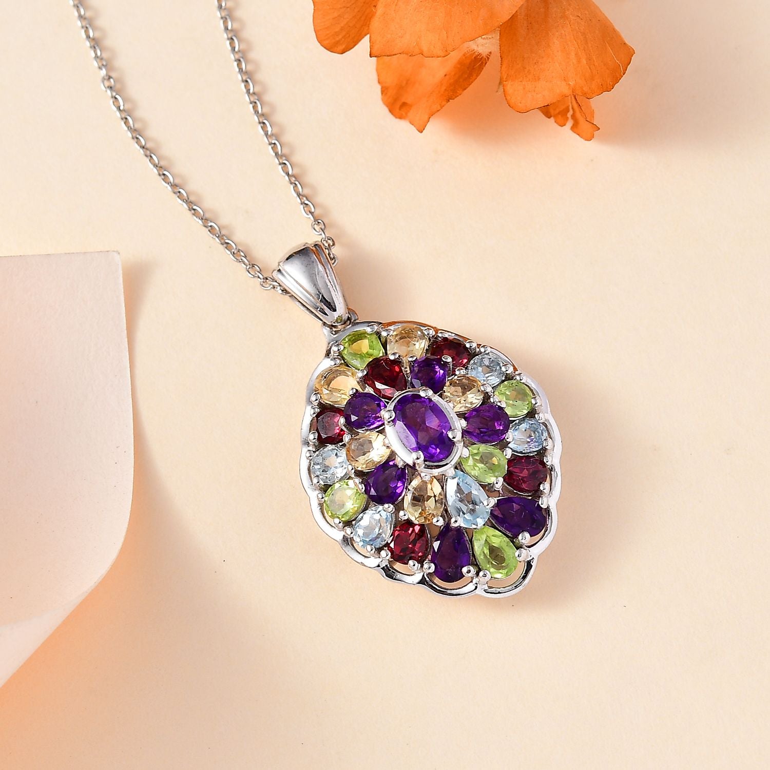 Mehrfarbig Edelstein Anhänger mit Kette ca. 45 cm, 925 Silber rhodiniert, ca. 5.50 ct