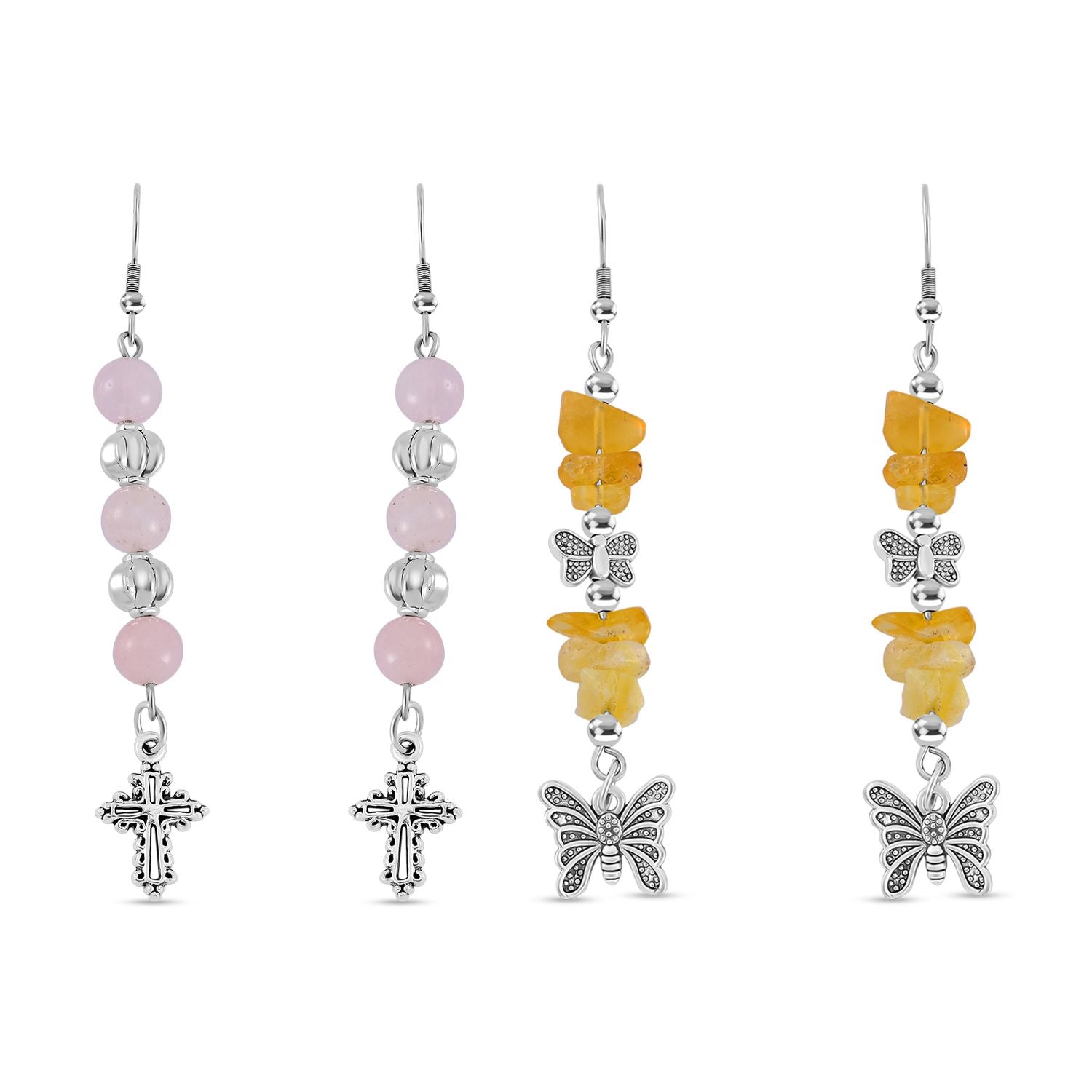 Rosenquarz, Gelber Opal Schmuckset Reiner Edelstahl Schwarz oxidiert und Legierung Schwarz oxidiert ca. 75.00 ct