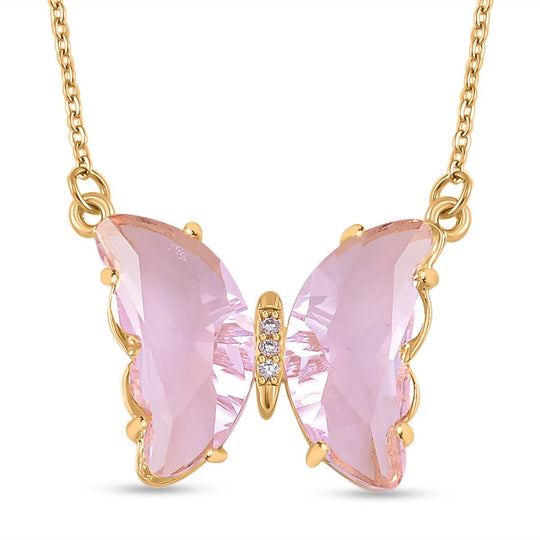 2er Set - Rosaner Kristall Anhänger mit Kette, Messing