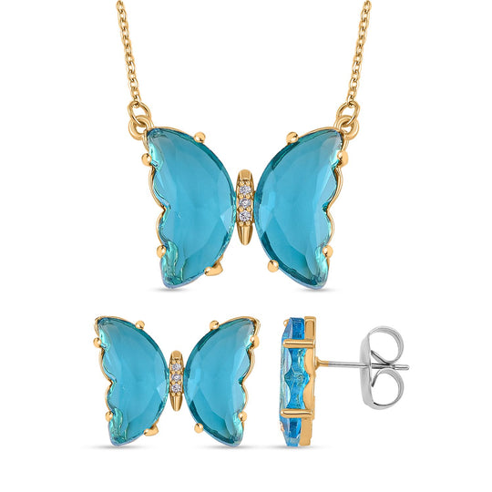 2er Set - Rosaner Kristall Anhänger mit Kette, Messing